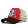 Men's and women's tactical eagle print mesh baseball hat with breathable back and curved brim. - Adjustable / Black & Red - Beige Mesh (CP713-25)