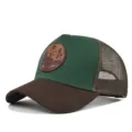 Gorra trucker verde y marrón con parche de cuero, malla transpirable para verano al aire libre. - Café/Malla Verde-Café