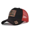 Black and red mesh trucker hat with deer mountain leather patch, stylish summer baseball cap. - Adjustable / Black Bright Red Mesh (CM802-36)