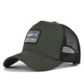 Armeegrüner Hai Aufnäher Mesh Baseball Cap, Angel bestickte Trucker Kappe Detail Ansicht. - CM715-32 Armeegrün & schwarzes Mesh / Verstellbar