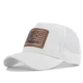 White trucker hat with a stylish brown leather patch featuring hunting design, summer mesh cap. - Adjustable / CM816-9 White