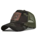 Camouflage mesh baseball cap with brown leather fishing patch, breathable summer outdoor sun hat. - Adjustable / CM817-17 Gray Camouflage