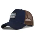 Herren Trucker Baseballcap mit Mesh-Ruecken und gesticktem Haifisch-Patch fuer Angeln im Sommer. - CM715-34 Marineblau & kaffeebraunes Mesh / Verstellbar