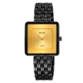 Women square quartz watch with gold dial and black metal beaded strap elegant vintage timepiece. - Black & Gold
