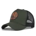 Gorra trucker de malla verde con parche de cuero marrón, gorra de béisbol de verano. - Verde Militar Malla Negra