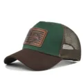 Summer mesh baseball cap with green front, brown brim, and stylish fishing leather patch. - Adjustable / CM817-28 Coffee & Green