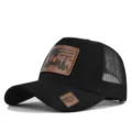 Black trucker hat with leather patch, breathable mesh baseball cap for outdoor summer wear. - Adjustable / Black (CM802-1)