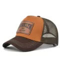 Casual breathable mesh baseball cap with stylish Brooklyn leather patch for summer outdoor. - Coffee and Caramel