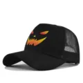 Halloween black mesh baseball cap with spooky pumpkin face print, breathable trucker hat for men. - Black