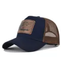 Navy blue trucker hat with brown mesh and hunting flag leather patch for outdoor sports. - Adjustable / CM816-41 Navy Coffee Mesh