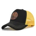 Gorra de béisbol de malla negra y amarilla con parche de cuero Maine, sombrero de verano. - Negro con malla amarilla