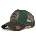 Green and brown mesh baseball cap with vintage leather patch for outdoor hunting summer. - Adjustable / Coffee Green Coffee Mesh (CM802-22)