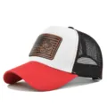 Rot-weiße Trucker Cap mit Tiger Lederpatch Mesh Baseballmütze für Herren und Damen Sommer - Rot und Weiß mit Schwarzem Netz