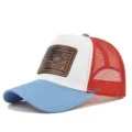 Sommer Tiger Lederpatch Trucker Hat, atmungsaktive Mesh Baseballcap für Herren Damen. - Himmelblau und Weiß mit Rotes Netz