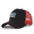 Schwarze rote Mesh Trucker Cap mit Haifisch Aufnäher Stickerei Sommer Freizeit Sonn Kappe. - CM715-37 Schwarz mit leuchtend rotem Netz / Verstellbar