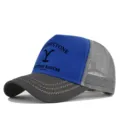 Blue and grey mesh baseball cap with Yellowstone Dutton Ranch print, breathable trucker hat. - Adjustable / Dark Grey/Blue