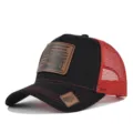 Zwarte rode mesh trucker pet met lederen patch, ademende zomercap baseball pet voor heren. - Zwart & Felrood Mesh