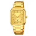 Men gold square quartz watch with steel strap and calendar display for daily wear. - Gold Case Gold Dial
