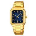 Men gold square quartz watch with blue dial stainless steel strap business casual wristwatch. - Gold Case Blue Dial