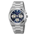 Men's stainless steel quartz chronograph watch with blue dial, luminous hands, and date display. - Silver Case Blue Dial