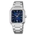 Men's square quartz watch with blue dial, silver stainless steel strap, and date display. - Silver Case Blue Dial