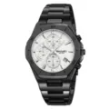 Men's stainless steel quartz watch with chronograph subdials, white dial and black case. - Black Case White Dial