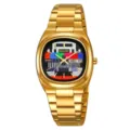 Gold stainless steel quartz watch for men with unique test pattern dial and calendar display. - Gold Case & Colorful Dial