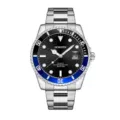 Men quartz watch stainless steel strap waterproof business analog wrist watch black bezel - Black & Blue Bezel, Silver