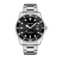 Men's quartz watch with stainless steel band, black dial, and rotating bezel. Waterproof. - Black Bezel, Silver
