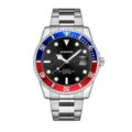 Men Quartz Watch Stainless Steel Strap Waterproof Sport Wristwatch Business Diver Style - Blue & Red Bezel, Silver