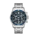 Men's stainless steel quartz watch with blue bezel, luminous hands, and chronograph sub-dials. - Blue Bezel, Silver