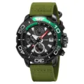 Men's quartz watch with three-eye chronograph dial, black bezel, and durable green canvas strap. - Army Green