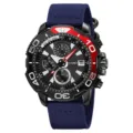 Men chronograph quartz watch with blue fabric strap, black and red bezel, and date display. - Blue