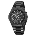 Men's black stainless steel quartz watch, chronograph dials, waterproof, stylish octagonal bezel. - Black Case Black Dial