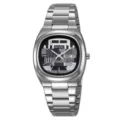 Stainless steel quartz watch for men with unique geometric dial and calendar display. - Silver Case & Black-White Dial