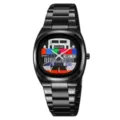 SKMEI men's quartz watch black stainless steel strap colorful dial calendar waterproof casual - Black Case & Colorful Dial