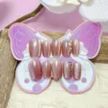 10 Piezas Uñas Postizas Cortas Cat Eye Rosa para Niños Uñas Artificiales con Estrás - 10 Piezas (Modelo Pegamento de Gelatina) / Rosa Pasta de Frijol Suave