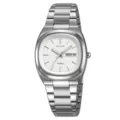 Stainless steel quartz watch with white dial, silver metal strap, date and day display. - Silver White Face