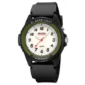 SKMEI waterproof quartz watch with black rubber strap and green bezel for men and women. - Black/Green Case - Arabic Numerals