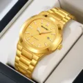Men's gold quartz watch featuring stainless steel strap, luxury business style wristwatch. - Gold Case Gold Dial