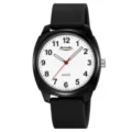 Minimalist quartz watch with black silicone strap, white dial and clear Arabic numerals. - Glow Case Black Strap White Dial