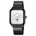 SKMEI Men Square Dial Quartz Watch Multi-Function Steel Strap Business Casual Wristwatch - Black Case White Dial