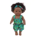 Details of the 30cm cute afro black reborn baby doll with colorful romper and headband. - Green Pattern Strap Tie-Dye (Q12-007C) / 30cm Doll