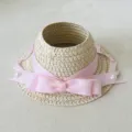Cute miniature woven straw hat with pink ribbon bow and pearls for doll accessories. - For 17CM Doll / Pink Bowknot (CM-012-02)