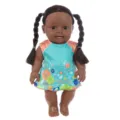 12-inch African Black Baby Doll Soft Vinyl Reborn Infant Toy with Pigtails Floral Dress - Blue Orange Color Block Dress Tie-Dye (Q12-009C) / 30cm Doll