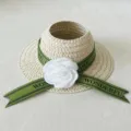 Woven doll straw hat with green ribbon and white camellia flower accessory for cute dolls. - For 17CM Doll / Green Ribbon Camellia (CM-012-06)