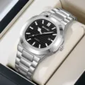Stainless steel quartz men's watch featuring a black dial and stylish octagonal bezel. - Silver Case Black Face
