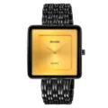 SKMEI men's square quartz watch, retro gold dial with stylish black metal strap. - Black & Gold
