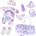 18 Inch Doll Clothes Set Watercolor Rainbow Cloud Romper Hat Bib Basket Accessories - Regular Style (TM-322) / 18-Inch Doll Set (Doll Not Included)