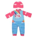 Detailed view of 43cm doll summer outfit set featuring a rainbow unicorn jumpsuit and cute cloud hat. - Blue Unicorn Long Sleeve Romper & Hat (Q18-951-01) / Suitable for 43CM Dolls